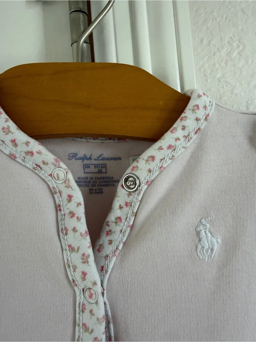 Ralph Lauren Pale Pink Floral-Trim Footed One-Piece